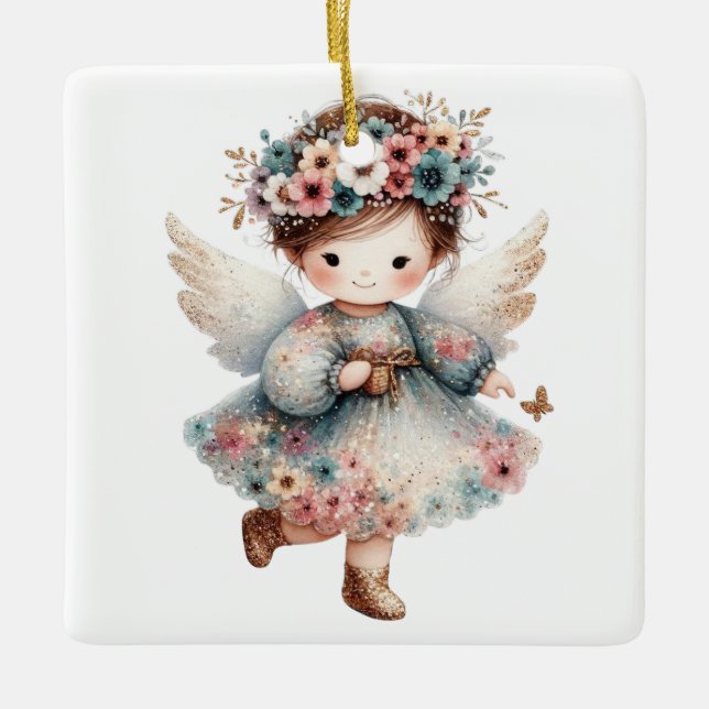 Create Your Own Charming Floral Christmas Angel Ceramic Ornament (Front)
