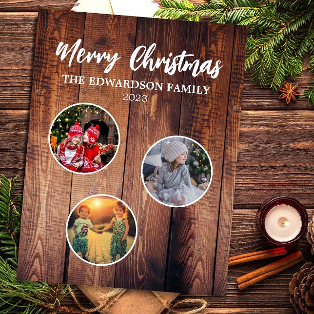 Create your own christmas family photo collage magnet (Send your friends and family this beautiful rustic photo collage Christmas flexible magnet card.)