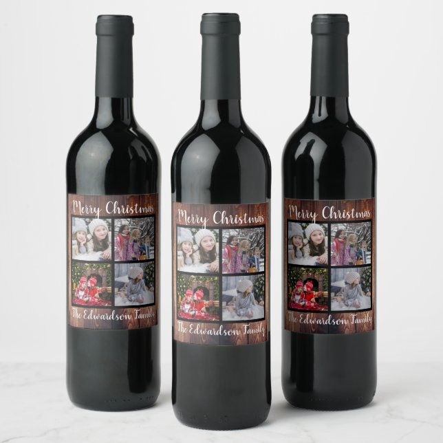Create your own Christmas family photo collage Wine Label (Bottles)