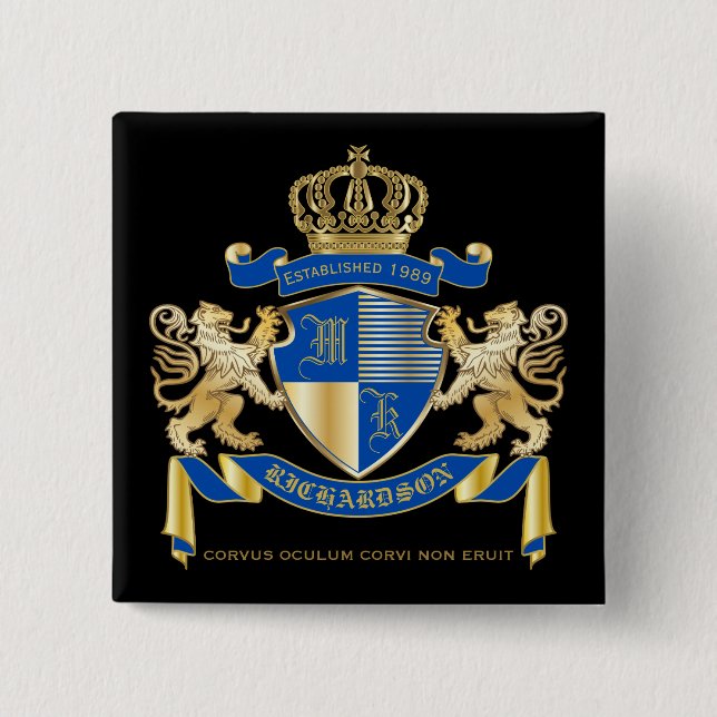 Create Your Own Coat of Arms Blue Gold Lion Emblem 15 Cm Square Badge (Front)