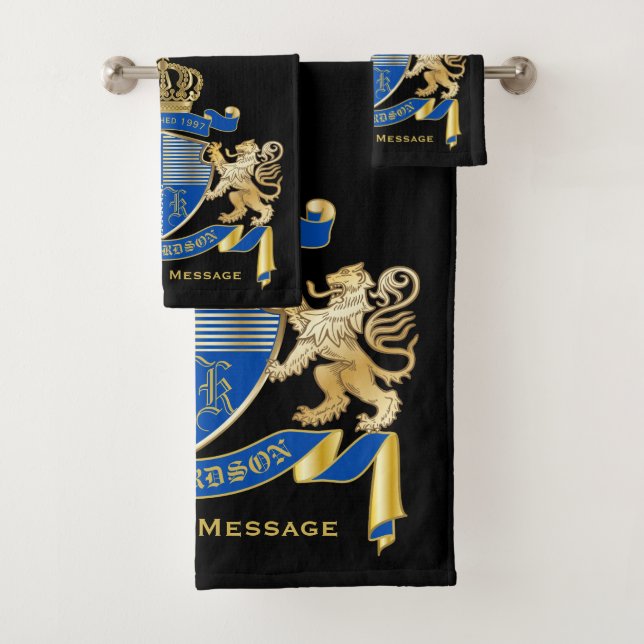 Create Your Own Coat of Arms Blue Gold Lion Emblem Bath Towel Set (Insitu)