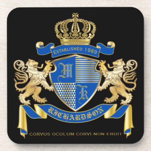 Create Your Own Coat of Arms Blue Gold Lion Emblem Coaster