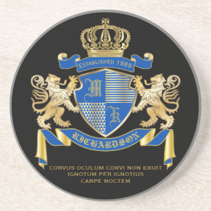 Create Your Own Coat of Arms Blue Gold Lion Emblem Coaster