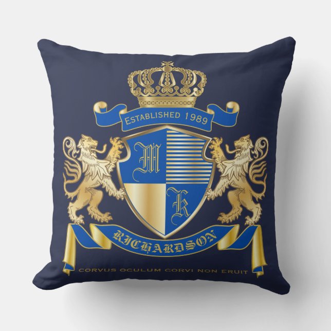 Create Your Own Coat of Arms Blue Gold Lion Emblem Cushion (Front)