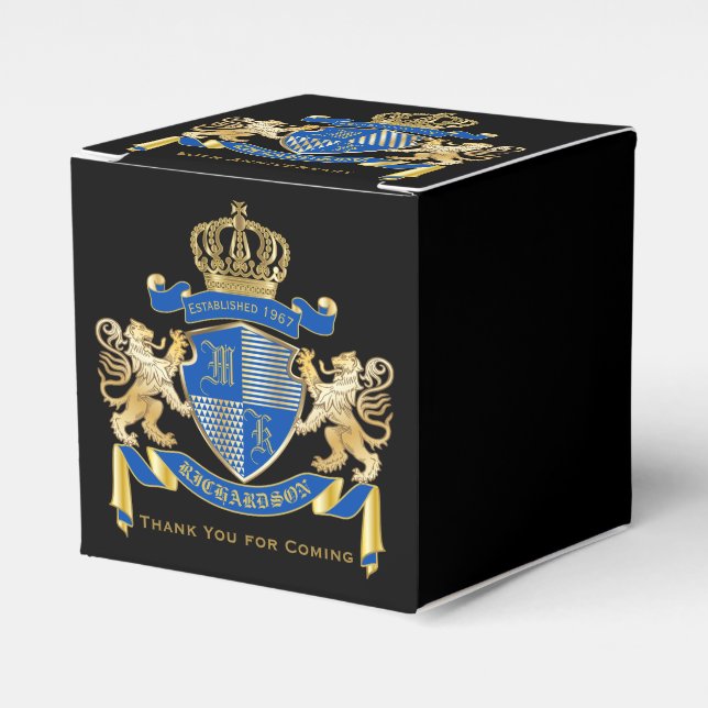 Create Your Own Coat of Arms Blue Gold Lion Emblem Favour Box (Front Side)