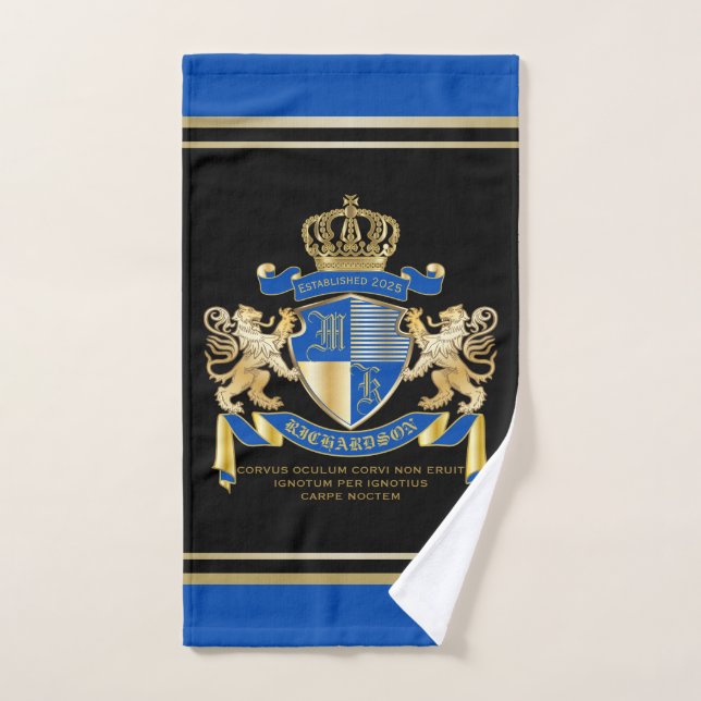 Create Your Own Coat of Arms Blue Gold Lion Emblem Hand Towel (Hand Towel)