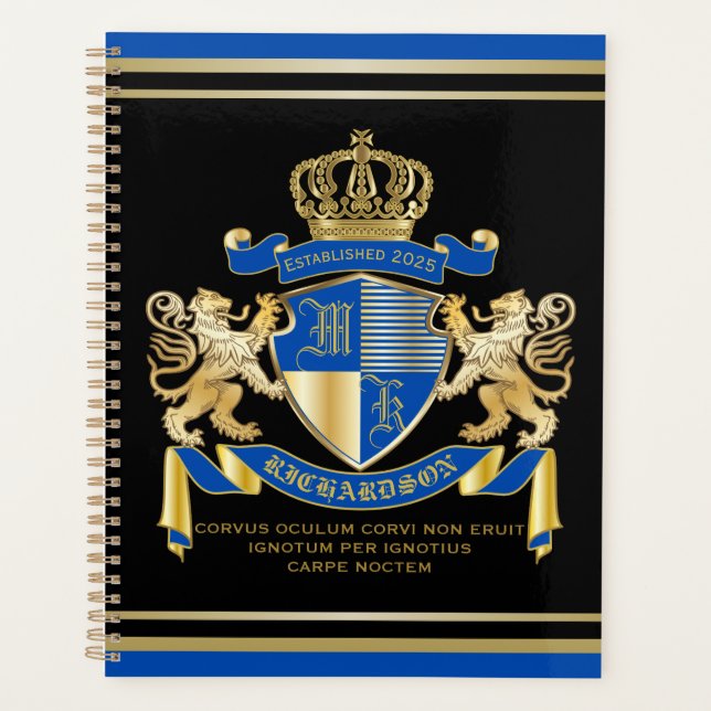 Create Your Own Coat of Arms Blue Gold Lion Emblem Planner (Front)