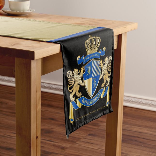 Create Your Own Coat of Arms Blue Gold Lion Emblem Short Table Runner (In Situ)
