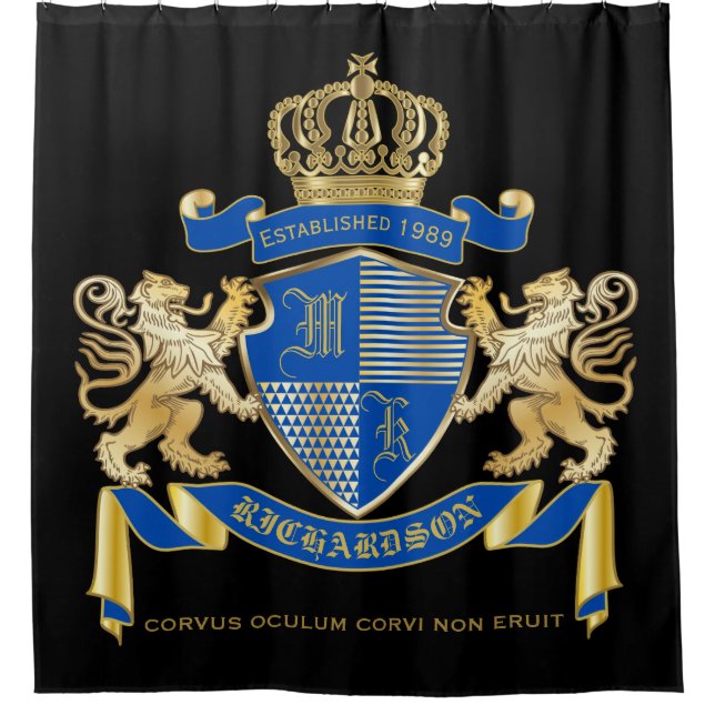 Create Your Own Coat of Arms Blue Gold Lion Emblem Shower Curtain (Front)