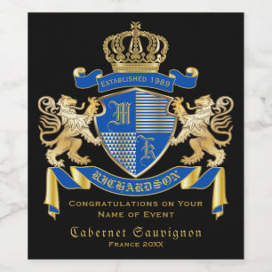 Create Your Own Coat of Arms Blue Gold Lion Emblem Wine Label