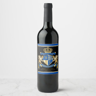 Create Your Own Coat of Arms Blue Gold Lion Emblem Wine Label