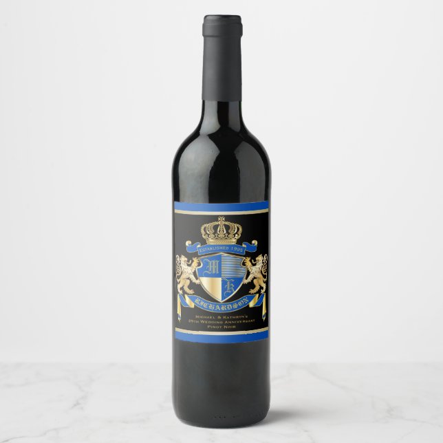 Create Your Own Coat of Arms Blue Gold Lion Emblem Wine Label (Front)