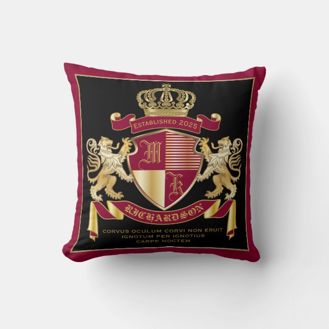 Create Your Own Coat of Arms Red Gold Lion Emblem Cushion (Front)