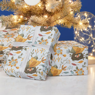 Create Your Own Colour Choice Folk Art Bird Nests Wrapping Paper
