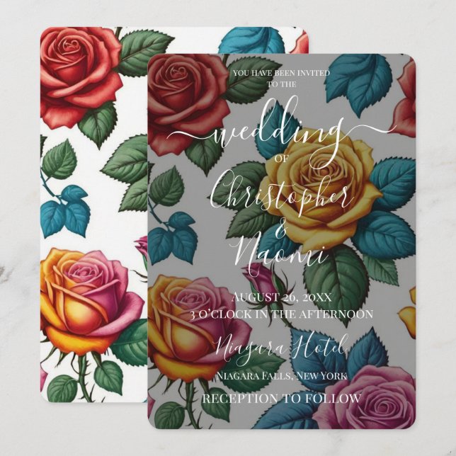 Create Your Own Colourful Retro Roses Wedding Invitation (Front/Back)