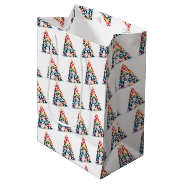 Create Your Own Colourful Xmas Tree & Kittens Medium Gift Bag (Front Angled)