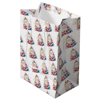 Create Your Own Colourful Xmas Tree & White Cat Medium Gift Bag