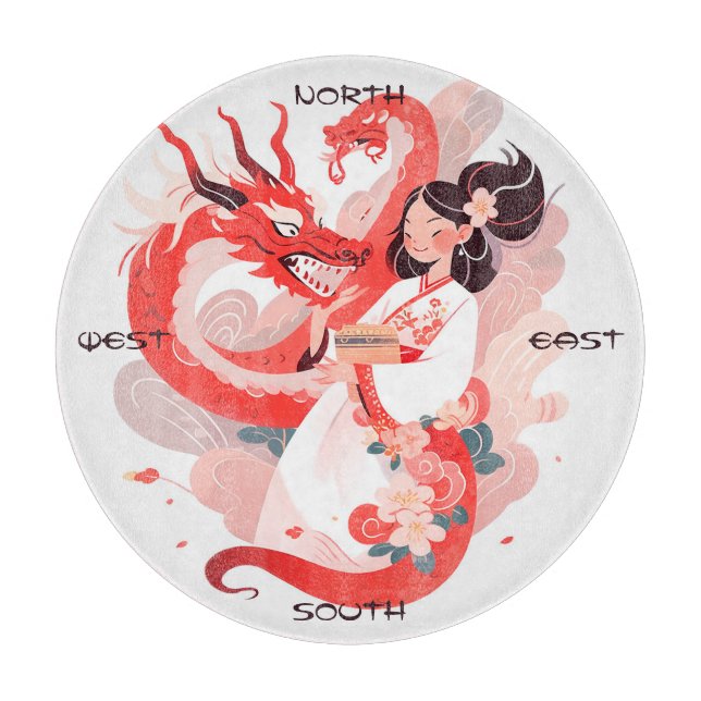 Create Your Own Coral Chinese Dragon Maiden Clouds Cutting Board (Front)
