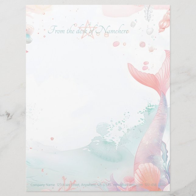 Create Your Own Coral Mermaid Tail Sea Shells Custom Letterhead (Front)