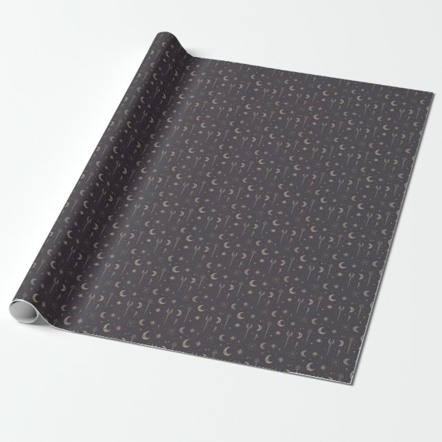 Create Your Own Crescent Moon Magic Wands Brown Wrapping Paper (Unrolled)