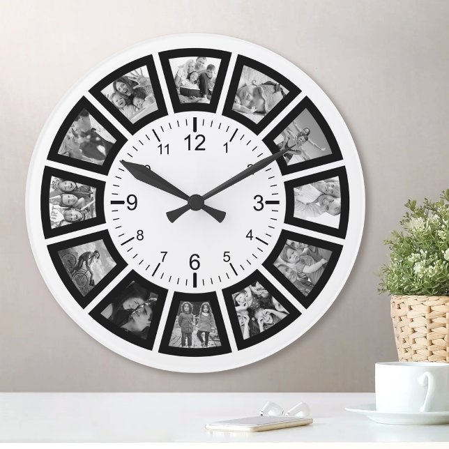 Create Your Own Custom 12 Photo Collage Modern Round Clock (Creator Uploaded)