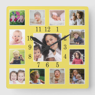 Create Your Own Custom 13 Photo Collage Yellow Square Wall Clock