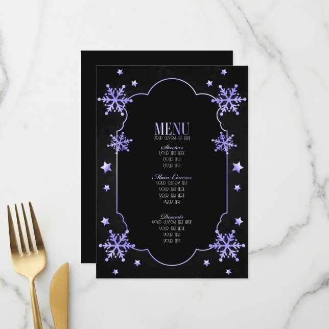 Create Your Own Custom Art Deco Snowflakes Menu (Front/Back In Situ)