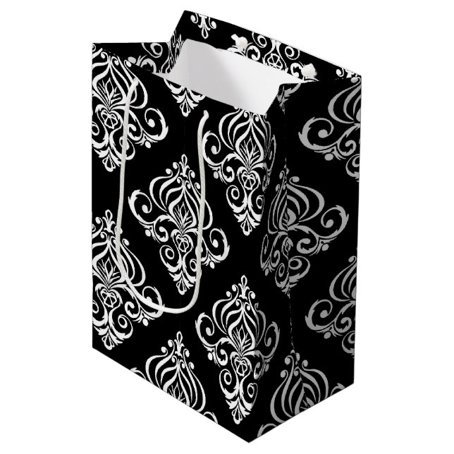 Create Your Own Custom B&W Damask Medium Gift Bag (Front Angled)