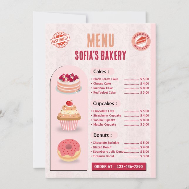 Create your own Custom Bakery Menu Card Template (Front)