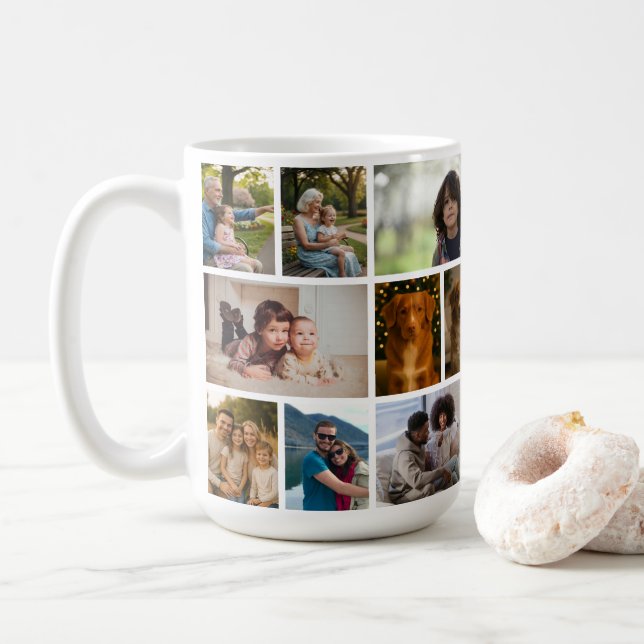 Create your own custom made 18 photo personalized coffee mug (With Donut)
