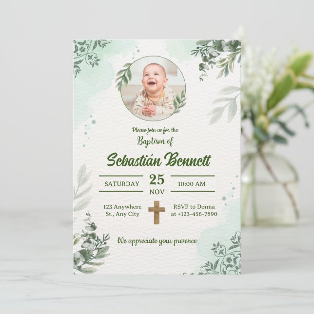 Create your own Custom Photo Boy Baptism Invitation (Standing Front)