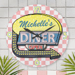 Create Your Own Custom Retro 50's Diner Sign 2<br><div class="desc">Create your own custom, 1950's style diner sign clock using this easy template. These cool retro clocks have a slightly distressed pink-and-white chequered background with a sign on top that says "DINER" and "OPEN" in neon with space for you to add your own first or last name - or any...</div>