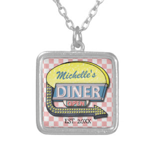 Create Your Own Custom Retro 50's Diner Sign Silver Plated Necklace