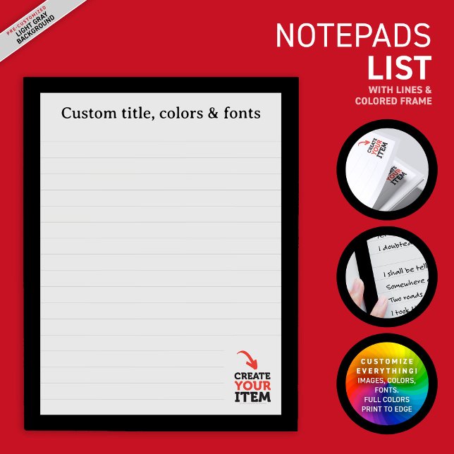CREATE-YOUR-OWN Custom upload your design lined Notepad (Business & personal custom notepads: upload your own logo, photos or illustrations! Variety of fonts)