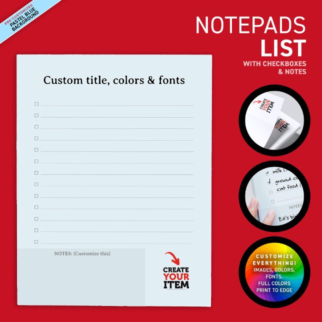 CREATE-YOUR-OWN Custom upload your design list Notepad (Create your own to-do or grocery list. Edit texts, images, colors, fonts, and upload your own images)