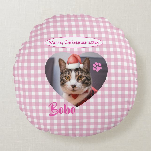 Create Your Own Cute Cat 2 Photo Script Christmas  Round Cushion (Front)