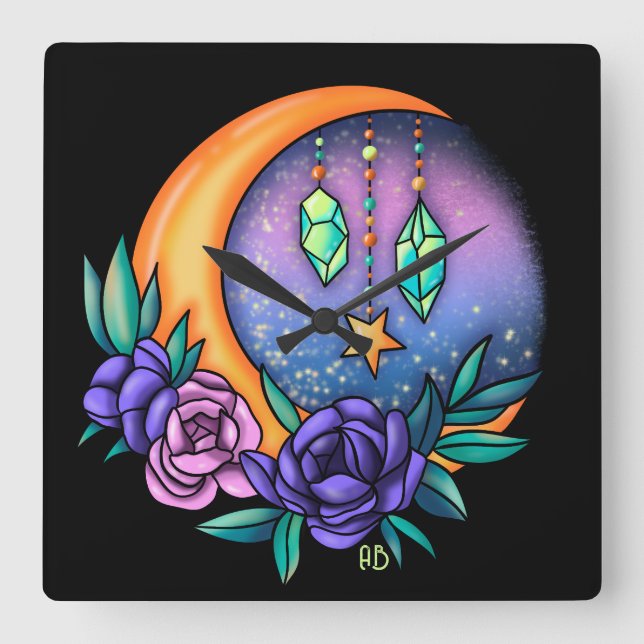 Create Your Own Cute Crystals, Moon & Roses Square Wall Clock (Front)