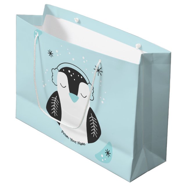 Create Your Own Cute Penguin Blue Christmas Large Gift Bag (Front Angled)