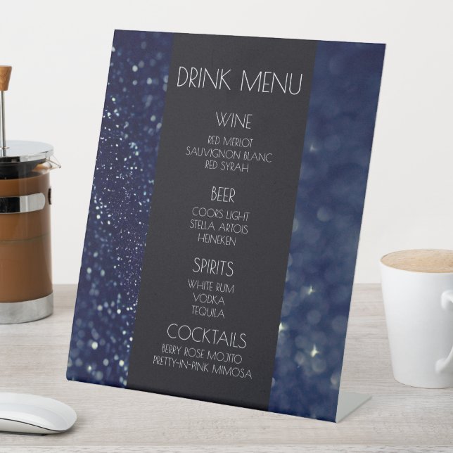 Create Your Own - Dark Blue Glitter Drink Menu Pedestal Sign (In SItu)