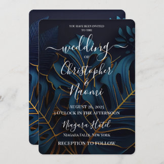 Create Your Own Dark Blue & Gold Leaves Wedding Invitation