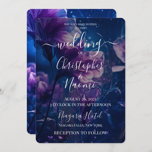 Create Your Own Dark Blue & Purple Flowers Wedding Invitation (Front/Back)