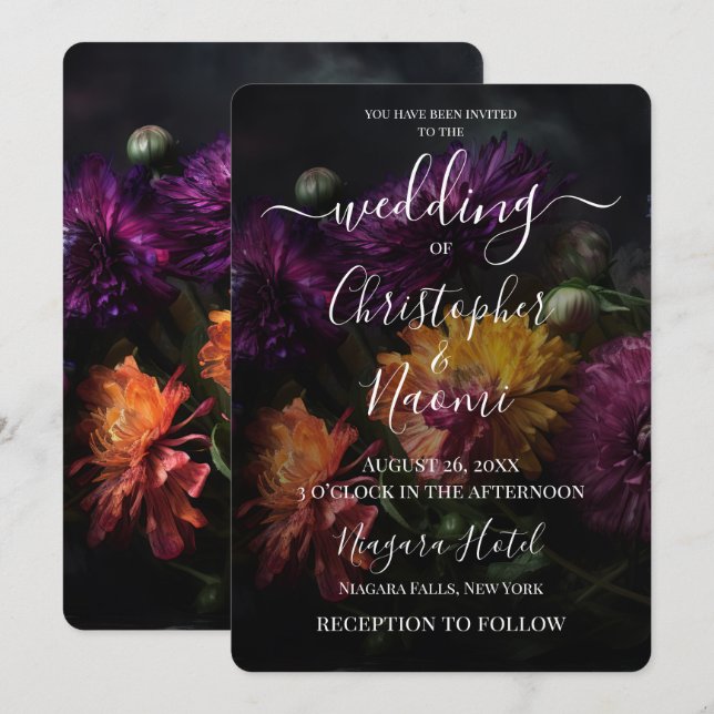 Create Your Own Dark Colourful Flowers Wedding Invitation (Front/Back)