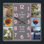Create Your Own Deco 6 Photo Collage Pink Gray Square Wall Clock<br><div class="desc">Make your own personalized photo collage clock with this easy template. This square clock has pink numbers lined up in the middle in a deco-style long rectangle and a gray background that you can "customize" to whatever image or color you'd like. Along the edges, there's room for you to add...</div>