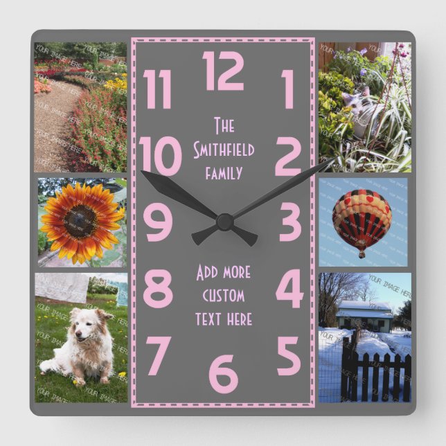 Create Your Own Deco 6 Photo Collage Pink Grey Square Wall Clock (Front)