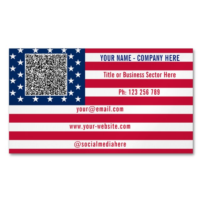 Create Your Own Design QR Code American Flag Magnetic Business Card (Front)