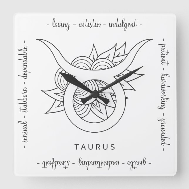 Create Your Own Elegant Black & White Taurus Square Wall Clock (Front)