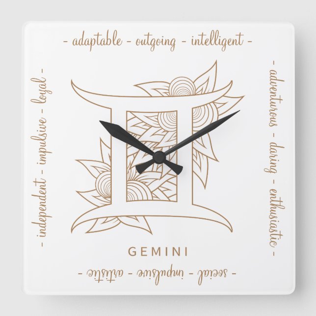 Create Your Own Elegant Gold & White Gemini Zodiac Square Wall Clock (Front)