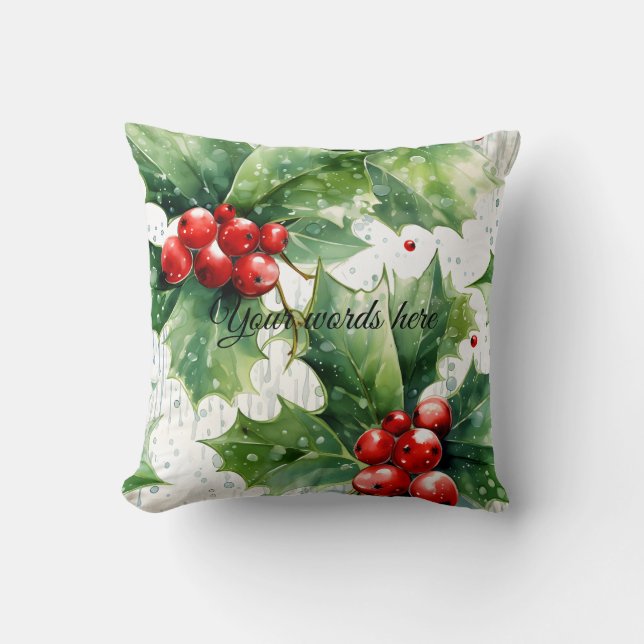 Create Your Own Elegant Red Holly & Raindrops Cushion (Front)