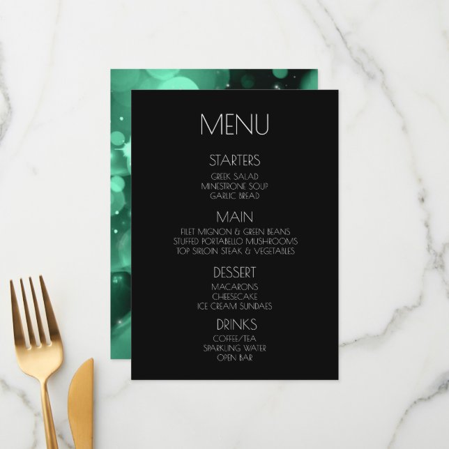 Create Your Own - Emerald Green Bokeh Menu (Front/Back In Situ)