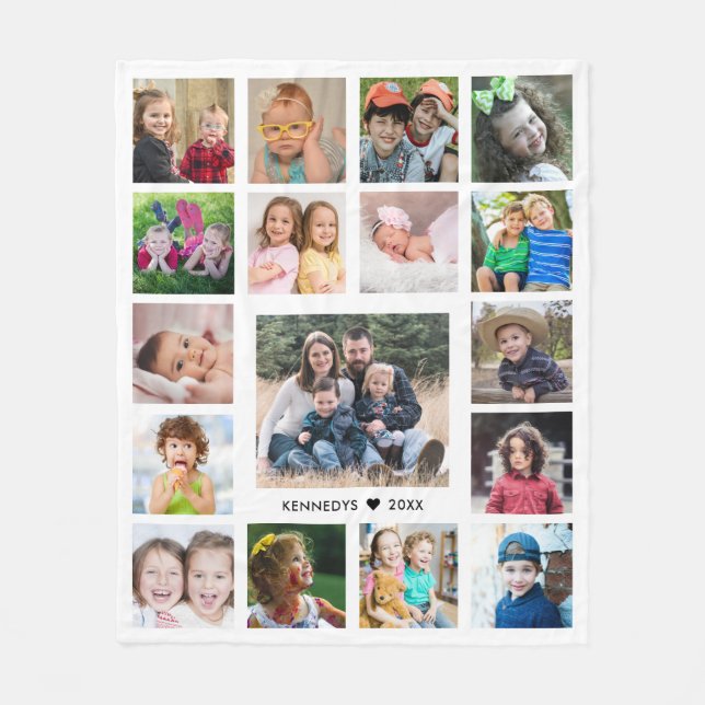 Create Your Own Family Name 17 Photo Collage White Fleece Blanket (Front)